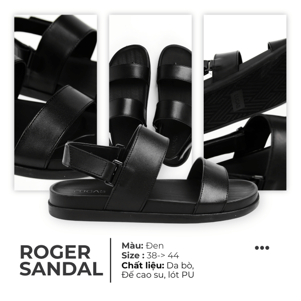 Dép Lucas Roger Sandal màu đen, thiết kế quai hậu với hai quai ngang rộng và quai khóa gót, đế cao su có chữ “Lucas” dập nổi, phong cách tối giản hiện đại.
