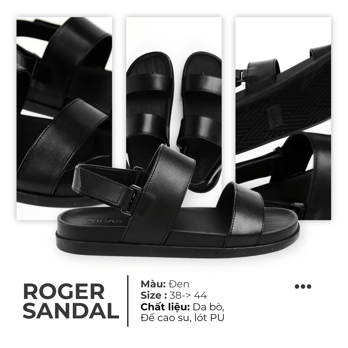 Dép Lucas Roger Sandal màu đen, thiết kế quai hậu với hai quai ngang rộng và quai khóa gót, đế cao su có chữ “Lucas” dập nổi, phong cách tối giản hiện đại.