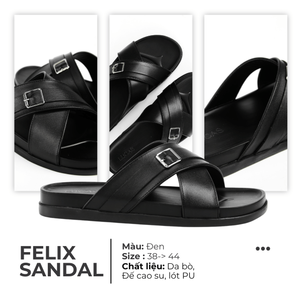 Dép Lucas Felix Sandal màu đen, thiết kế quai chéo da bò với khóa kim loại nhỏ, đế cao su có chữ “Lucas” dập nổi, phong cách tối giản hiện đại.