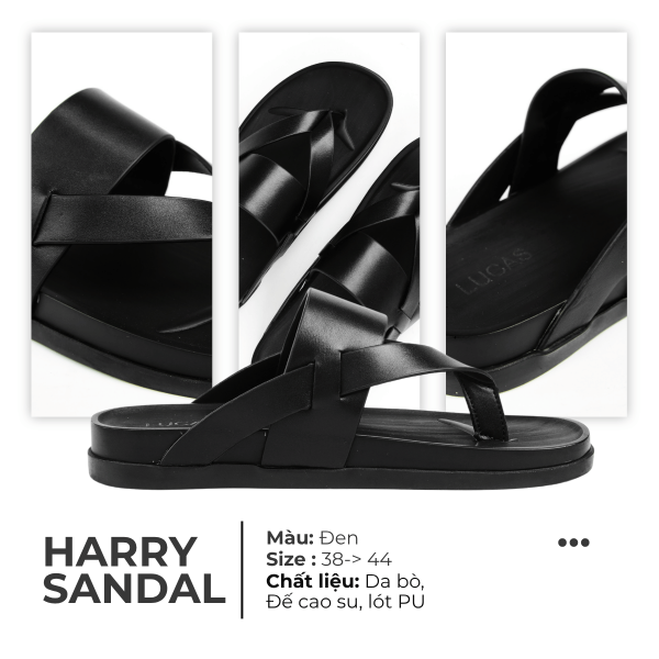 Đôi dép Lucas Harry Sandal màu đen, thiết kế xỏ ngón hiện đại với quai ngang rộng, đế cao su có chữ “Lucas” dập nổi, phong cách tối giản.